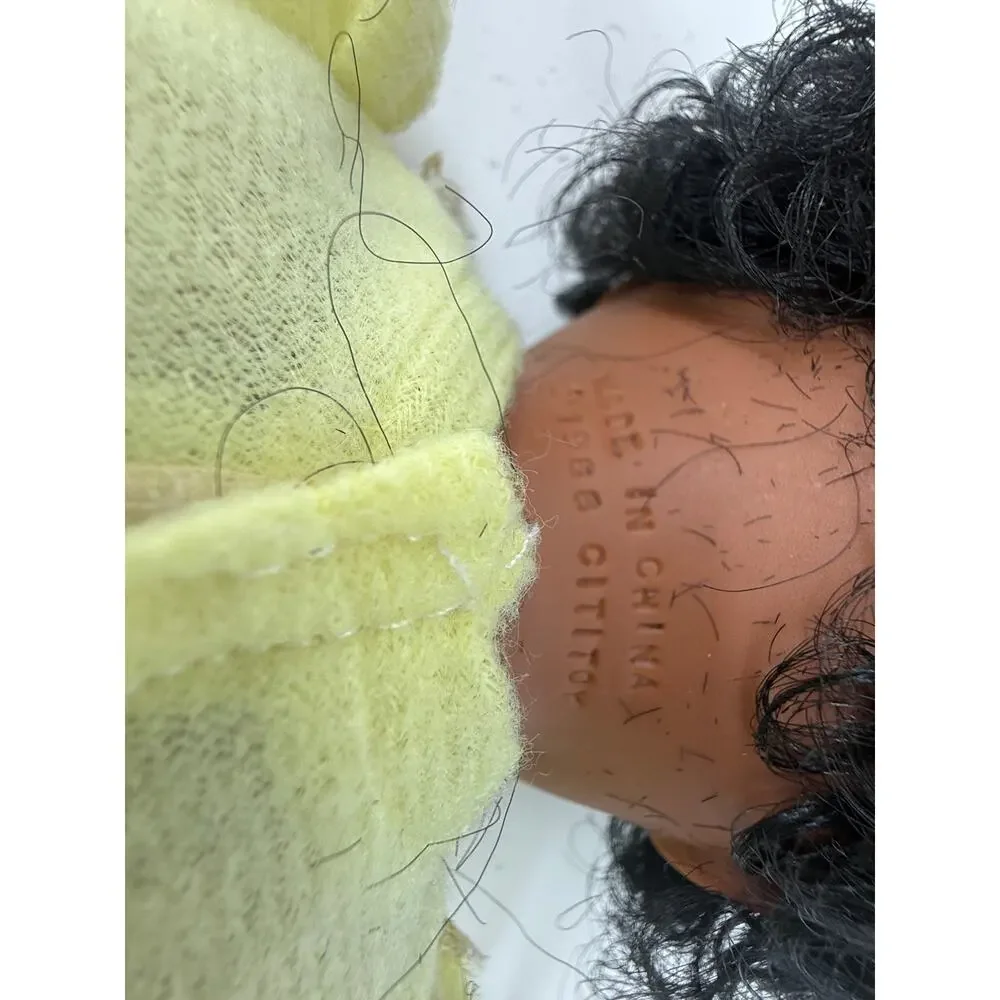 Vintage 1988 Black Baby Doll Sleep Eyes Soft Body Yellow Gown Curly Hair CitiToy